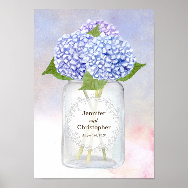 Watercolor Blue Hydrangeas and Mason Jar Wedding Poster (Front)