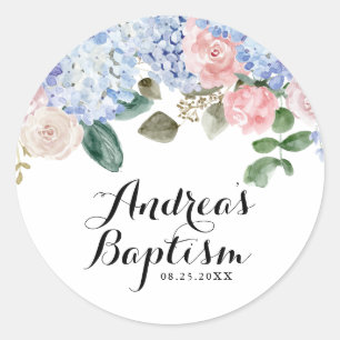 Watercolor Blue Hydrangeas and Pink Roses Baptism Classic Round Sticker
