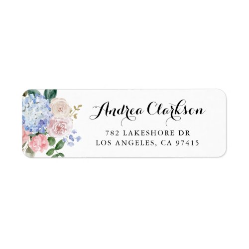 Watercolor Blue Hydrangeas and Pink Roses Script Label