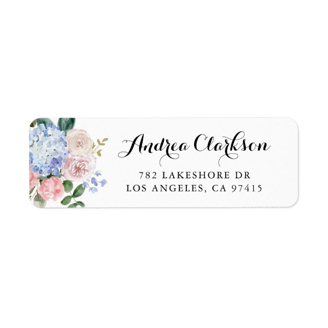 Watercolor Blue Hydrangeas and Pink Roses Script Label (Front)