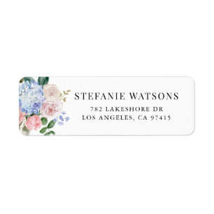 Watercolor Blue Hydrangeas and Pink Roses Wedding Label
