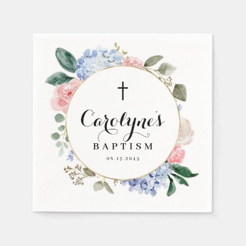 Watercolor Blue Hydrangeas and Roses Baptism Napkins