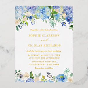 Watercolor Blue Hydrangeas and Roses Wedding Foil Invitation Postcard