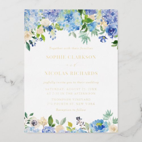 Watercolor Blue Hydrangeas and Roses Wedding Foil Invitation Postcard