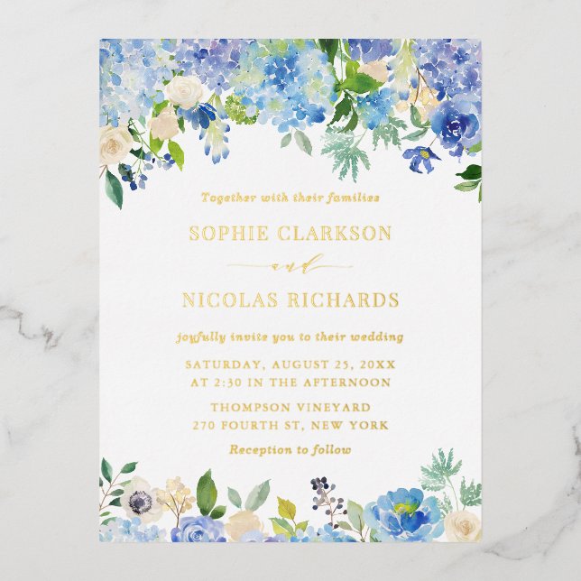 Watercolor Blue Hydrangeas and Roses Wedding Foil Invitation Postcard (Front)