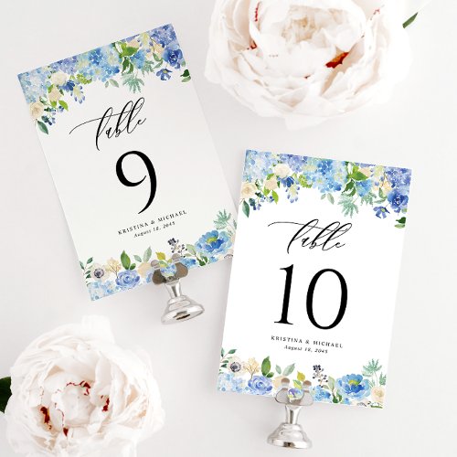 Watercolor Blue Hydrangeas and Roses Wedding Table Number