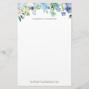 Watercolor Blue Hydrangeas and White Roses Floral Stationery