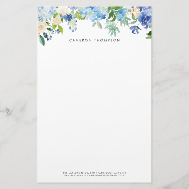 Watercolor Blue Hydrangeas and White Roses Floral Stationery (Front)