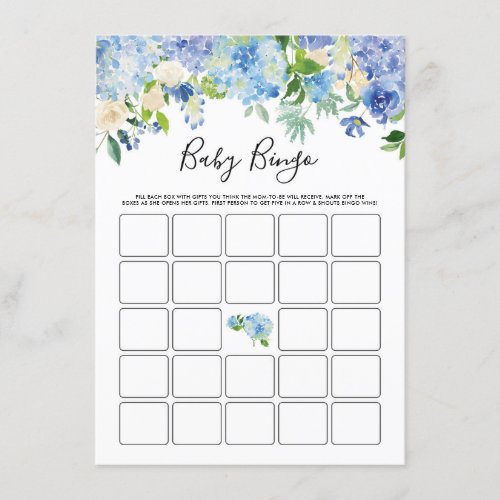 Watercolor Blue Hydrangeas Baby Shower Bingo Game