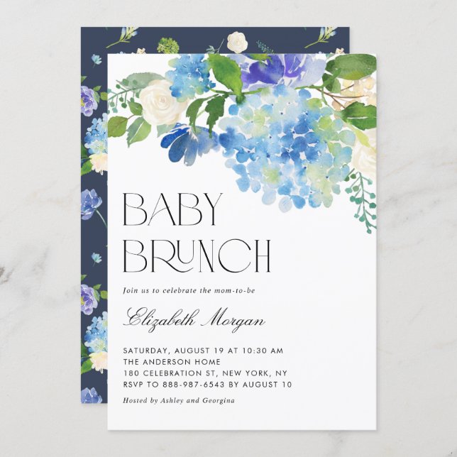 Watercolor Blue Hydrangeas Baby Shower Brunch Invitation (Front/Back)