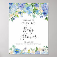 Watercolor Blue Hydrangeas Baby Shower Welcome II Poster
