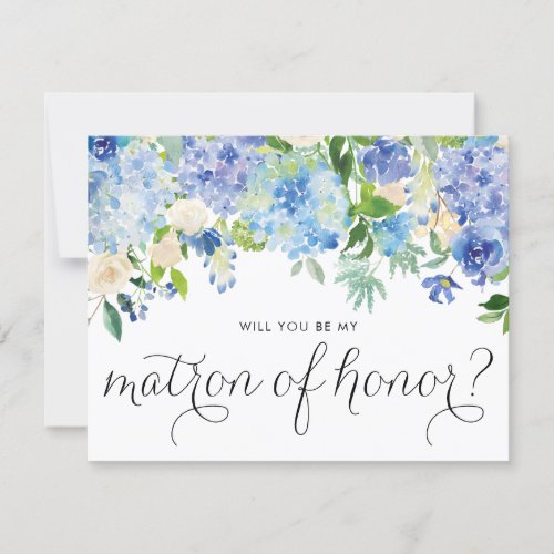 Watercolor Blue Hydrangeas Be My Matron of Honor Invitation