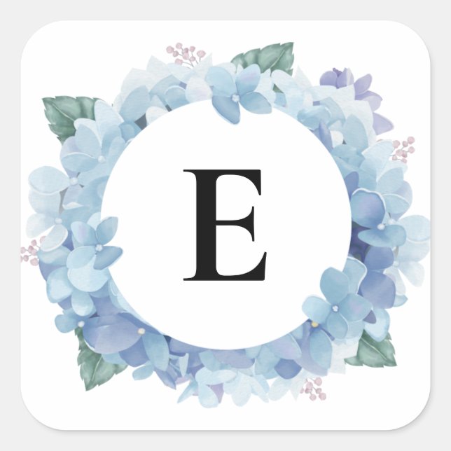 Watercolor Blue Hydrangeas Bold Script Monogram Square Sticker (Front)