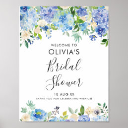 Watercolor Blue Hydrangeas Bridal Shower Welcome Poster