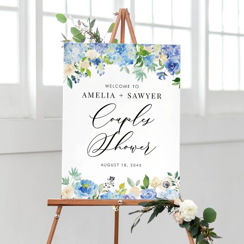 Watercolor Blue Hydrangeas Couples Shower Welcome Poster