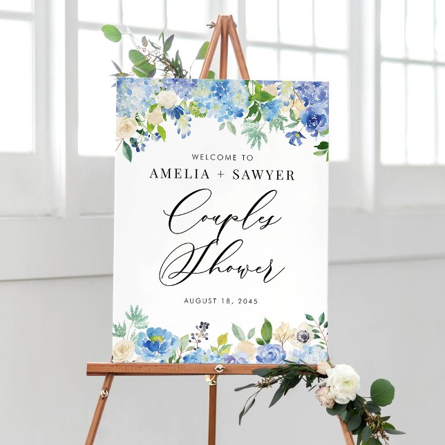 Watercolor Blue Hydrangeas Couples Shower Welcome Poster (Creator Uploaded)