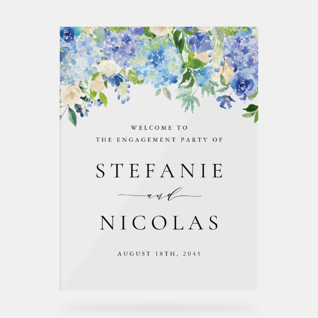 Watercolor Blue Hydrangeas Engagement Party Acrylic Sign (Front)