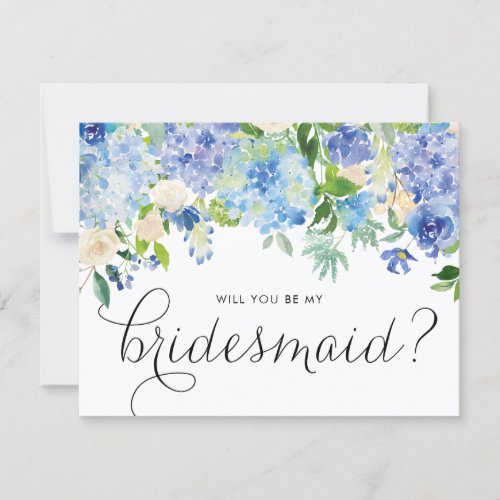 Watercolor Blue Hydrangeas Floral Be My Bridesmaid Invitation