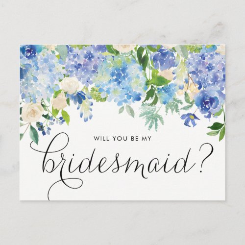 Watercolor Blue Hydrangeas Floral Be My Bridesmaid Invitation Postcard