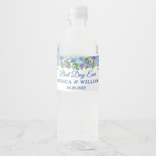 Watercolor Blue Hydrangeas Floral Best Day Ever Water Bottle Label