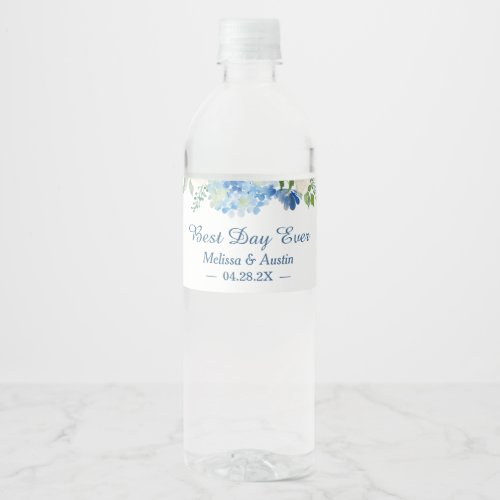 Watercolor Blue Hydrangeas Floral Best Day Ever Water Bottle Label