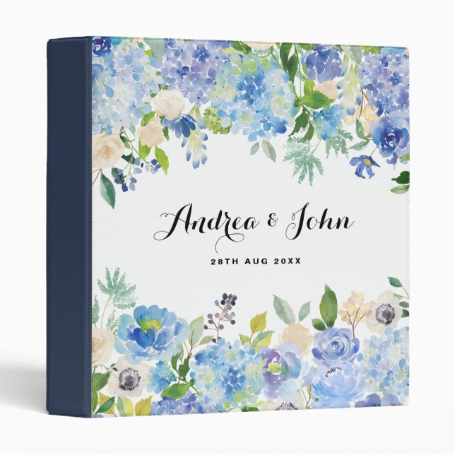Watercolor Blue Hydrangeas Floral Custom Wedding Binder (Front/Spine)