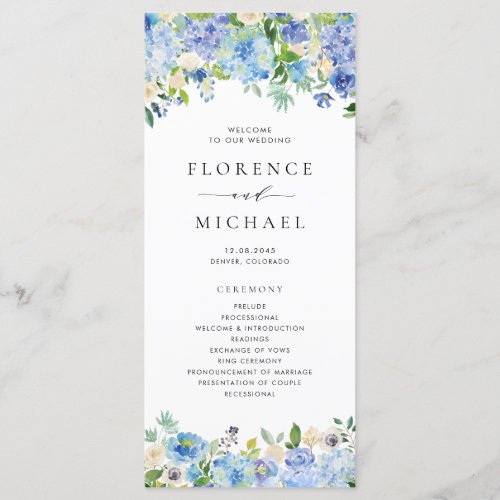 Watercolor Blue Hydrangeas Floral Garland Wedding Program