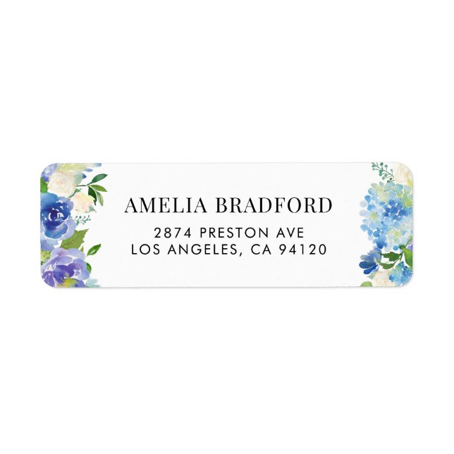 Watercolor Blue Hydrangeas Floral Label (Front)