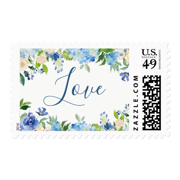 Watercolor Blue Hydrangeas Floral Love Script Postage