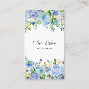 Watercolor Blue Hydrangeas   Floral Vertical Business Card