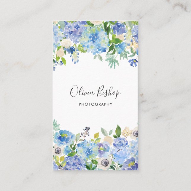 Watercolor Blue Hydrangeas | Floral Vertical Business Card (Front)