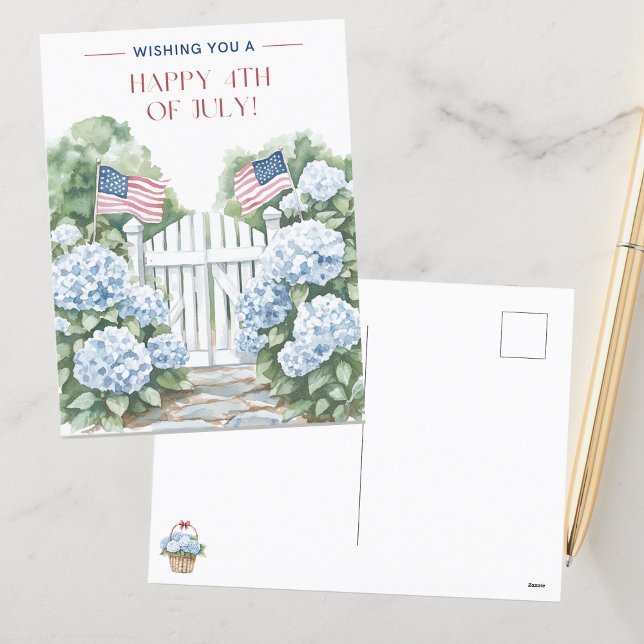 Watercolor Blue Hydrangeas Happy 4th of July   Postcard (Creator Uploaded)