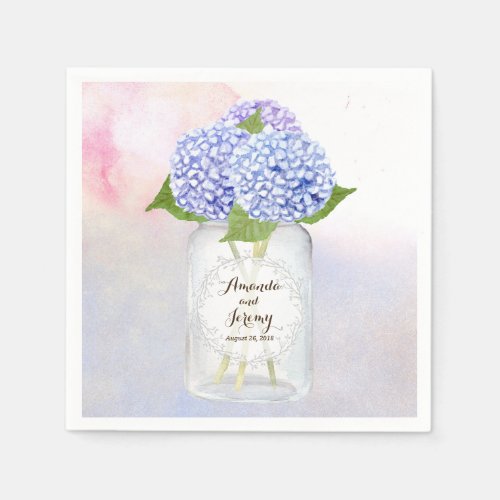 Watercolor Blue Hydrangeas Mason Jar Wedding Napkins
