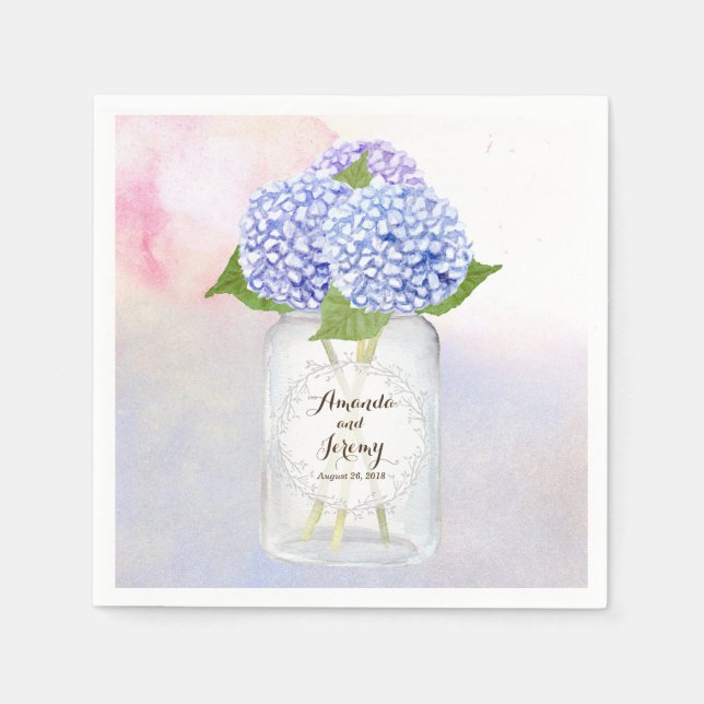 Watercolor Blue Hydrangeas Mason Jar Wedding Napkins (Front)