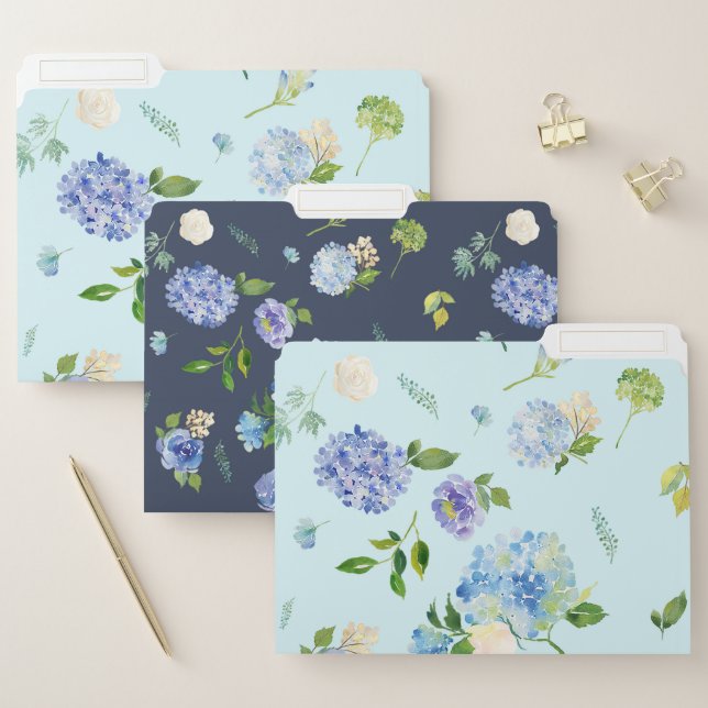 Watercolor Blue Hydrangeas Pattern File Folders (Set)