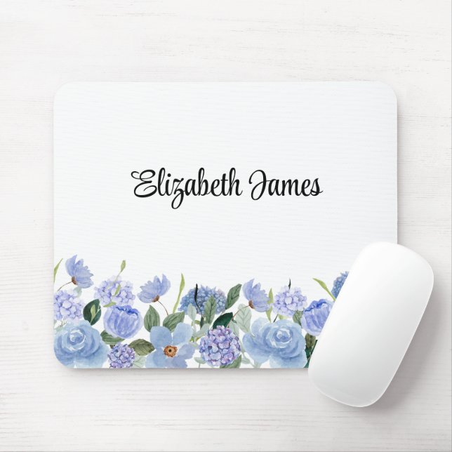 Watercolor Blue Hydrangeas Personalized Notepad Mouse Pad (With Mouse)