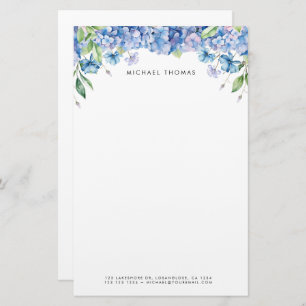 Watercolor Blue Hydrangeas & Purple Floral Stationery