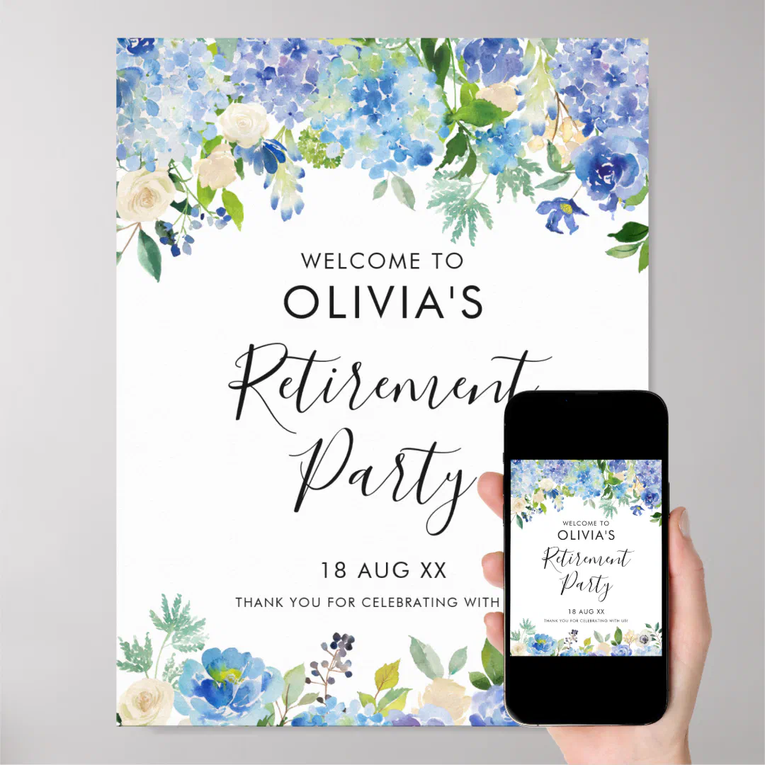 Watercolor Blue Hydrangeas Retirement Welcome Sign (Downloadable)