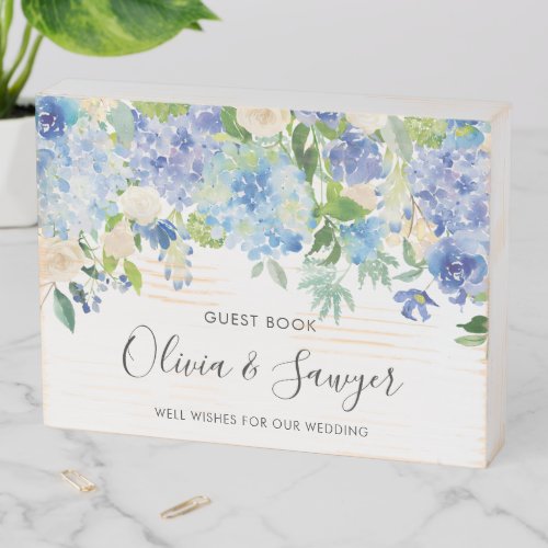 Watercolor Blue Hydrangeas Wedding Guest Book Wooden Box Sign