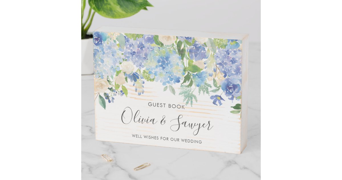 Watercolor Blue Hydrangeas Wedding Guest Book Wooden Box Sign