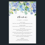 Watercolor Blue Hydrangeas Wedding Menu Card<br><div class="desc">Add an elegant floral accent to your event tablescape with this customizable floral menu card stationery. It features watercolor floral garland of blue and purple hydrangeas, ivory roses and greenery. Personalize this watercolor floral menu card by adding your own details. This hydrangea menu card is perfect for spring and winter...</div>