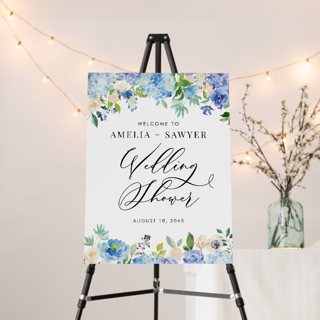 Watercolor Blue Hydrangeas Wedding Shower Welcome Foam Board (In Situ (Stand))