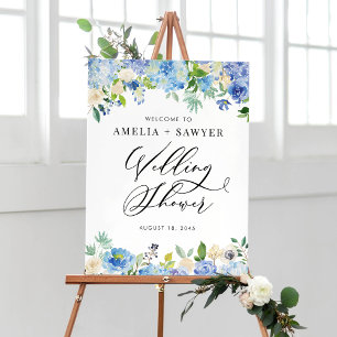 Watercolor Blue Hydrangeas Wedding Shower Welcome Poster
