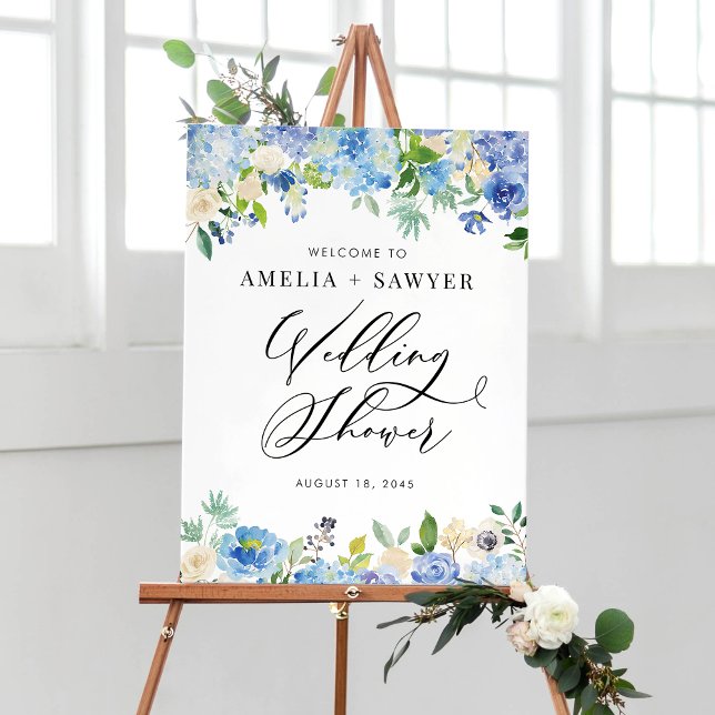 Watercolor Blue Hydrangeas Wedding Shower Welcome Poster (Creator Uploaded)