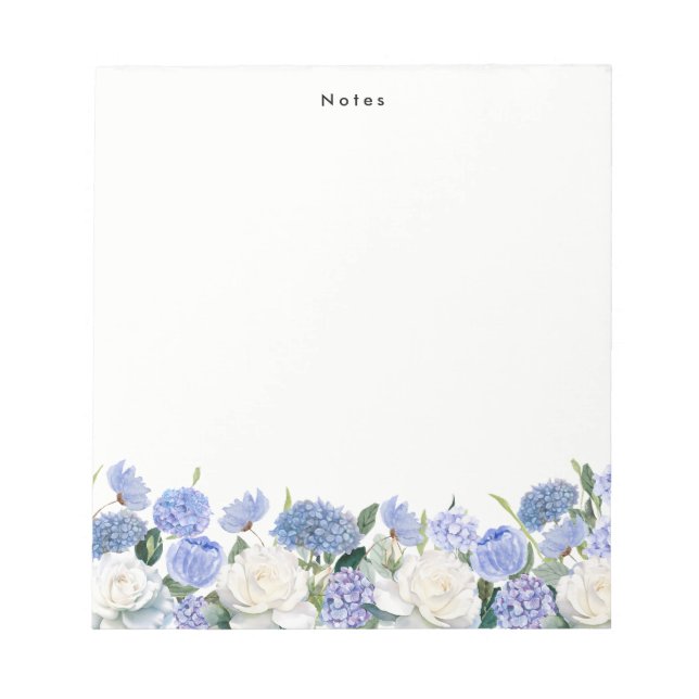 Watercolor Blue Hydrangeas White Rose Personalized Notepad (Front)