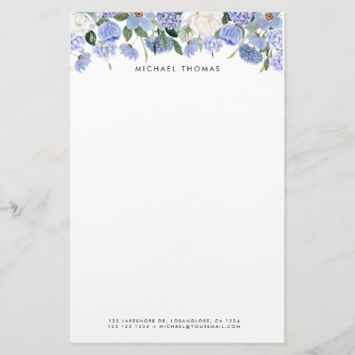 Watercolor Blue Hydrangeas  White Roses Floral  Stationery
