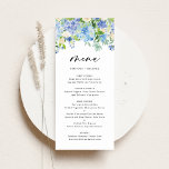 Watercolor Blue Hydrangeas Winter Floral Wedding Menu<br><div class="desc">Add an elegant floral accent to your event tablescape with this customizable floral menu card. It features watercolor floral garland of blue and purple hydrangeas, ivory roses and greenery. Personalize this watercolor floral menu card by adding your own details. This hydrangea menu card is perfect for spring and winter weddings,...</div>