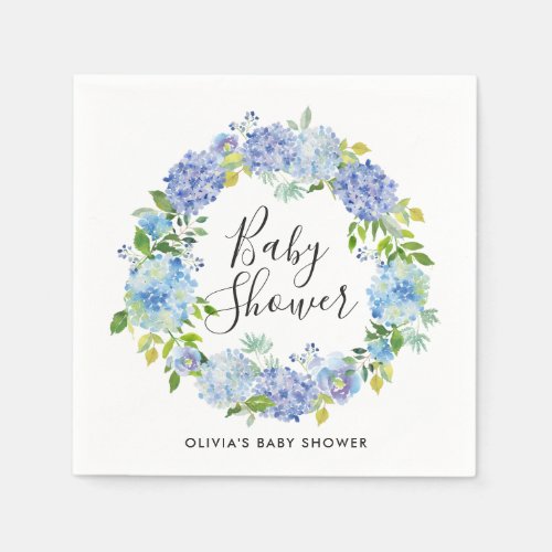 Watercolor Blue Hydrangeas Wreath Baby Shower Paper Napkins