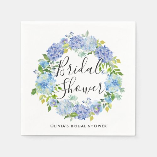 Watercolor Blue Hydrangeas Wreath Bridal Shower Paper Napkins