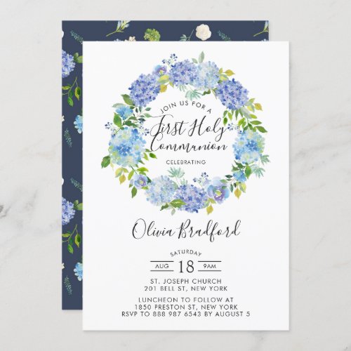 Watercolor Blue Hydrangeas Wreath First Communion Invitation